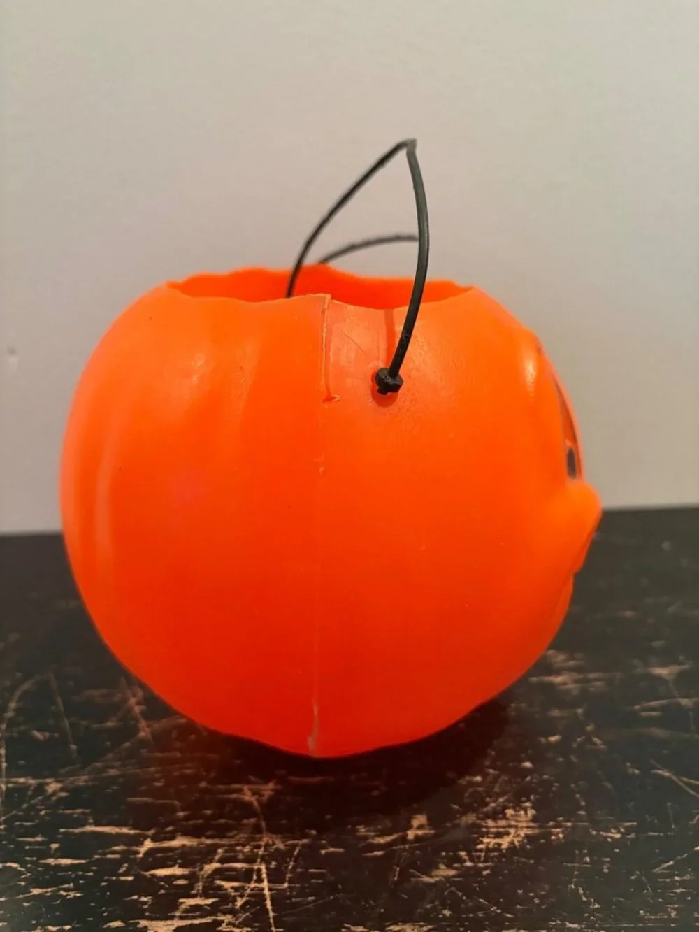 Vintage Orange Plastic Pumpkin Halloween Candy Bucket Smiling Jack-O-Lantern